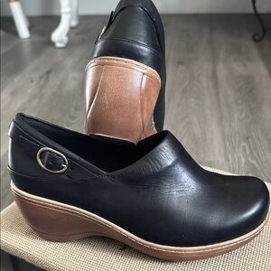 Black Leather Mules with Silver Buckle and Wedge Heel